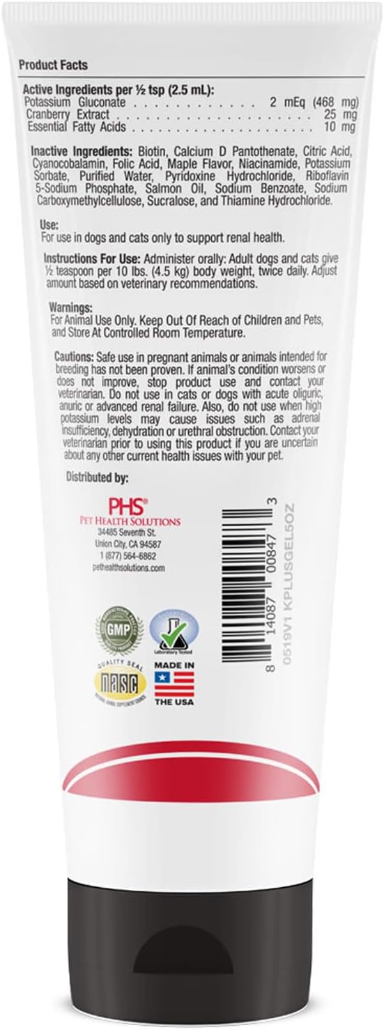 K-Plus Potassium Gluconate Renal Gel Plus Cranberry and EPA for Dogs and Cats - Veterinarian Approved Renal Supplement - Supports Potassium Balance - (6 Pack, Gel)