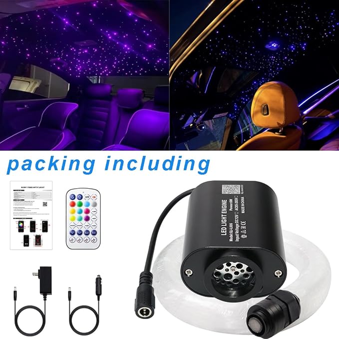 AMKI Mini 6W Starlight Headliner Kit 400pcs 0.03in 9.8ft,Twinkle+Sound Activated Fiber Optic Light 4Lamp Beam Starlight Box APP/Remote Control for Car Home Star Ceiling Decoration