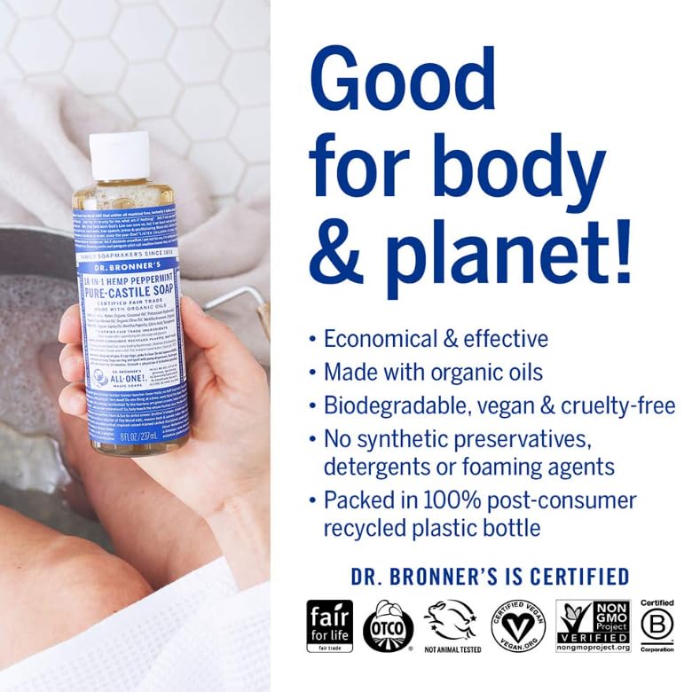Dr. Bronner's Peppermint Pure-Castile Liquid Soap | 16 Oz | 2-Pack | Vegan & Organic