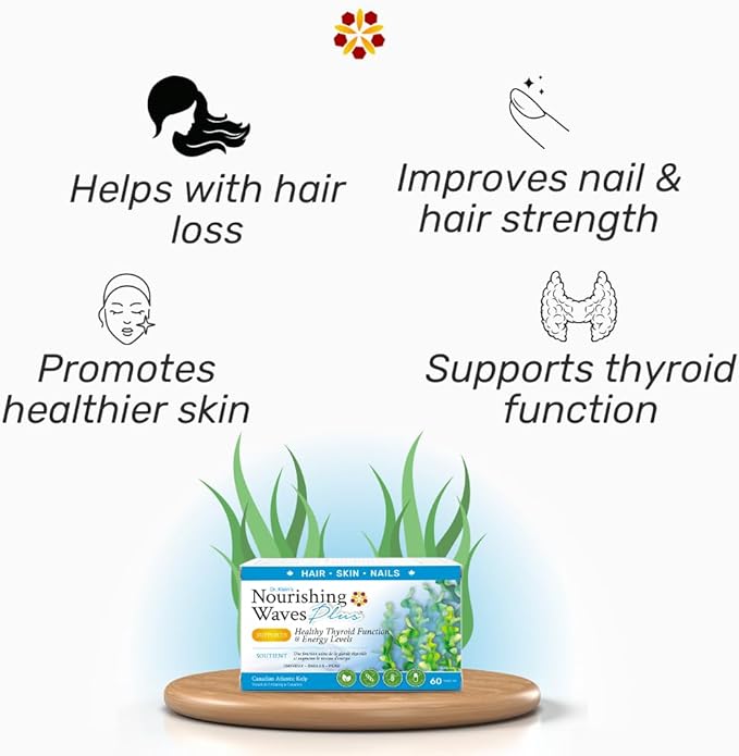 Nourishing Waves Plus - Thyroid Support Supplement with Kelp, Iodine, Selenium & Biotin - Vitamin B Complex (B1, B3, B6) for Healthy Hair, Skin & Nails for Men & Women, Prevent Hair Loss - 60 Capsules