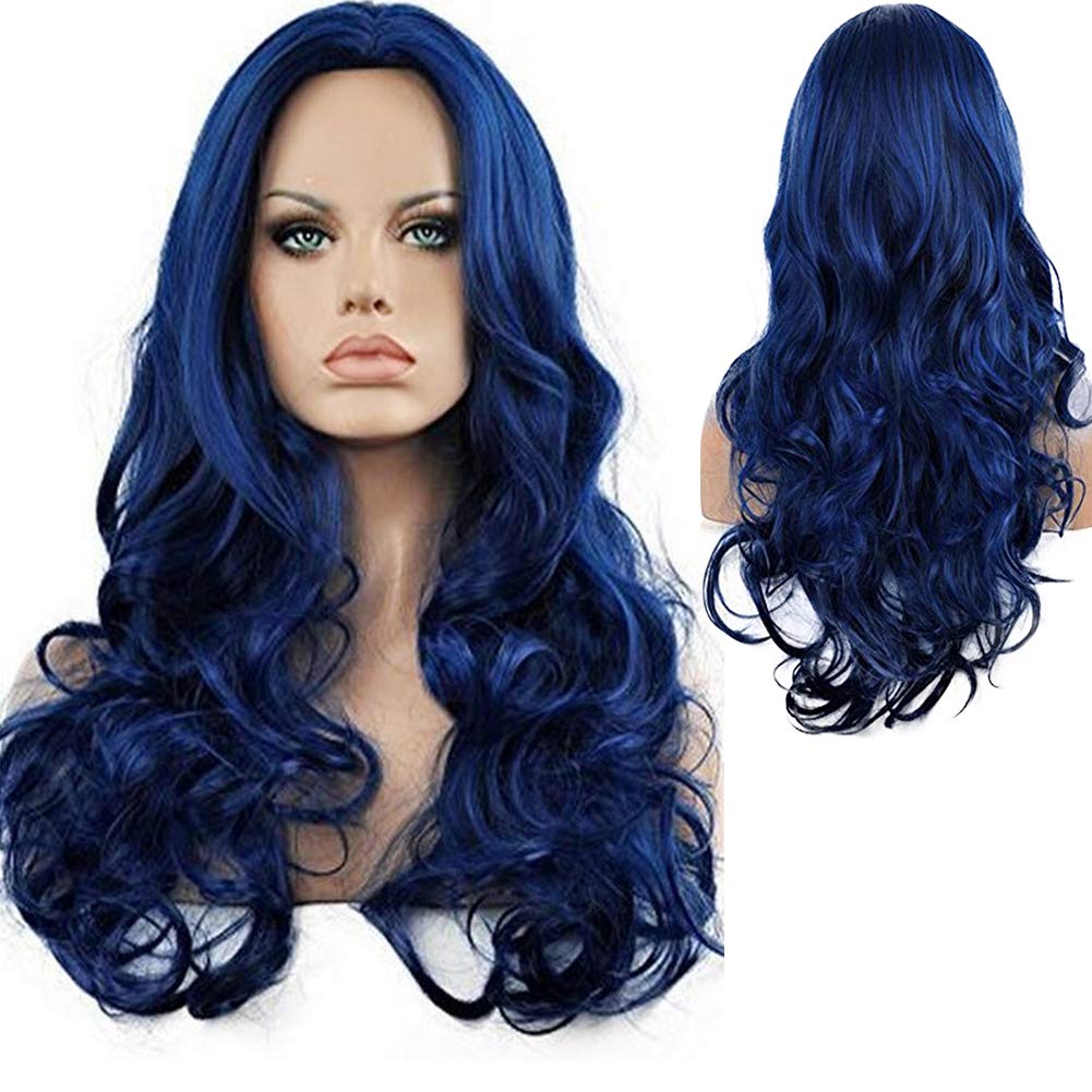 Kaneles Blue Wigs For Women Long Curly Wavy Soft Heat Resistant Synthetic Fiber Party Cosplay Accessories Wigs(Blue)