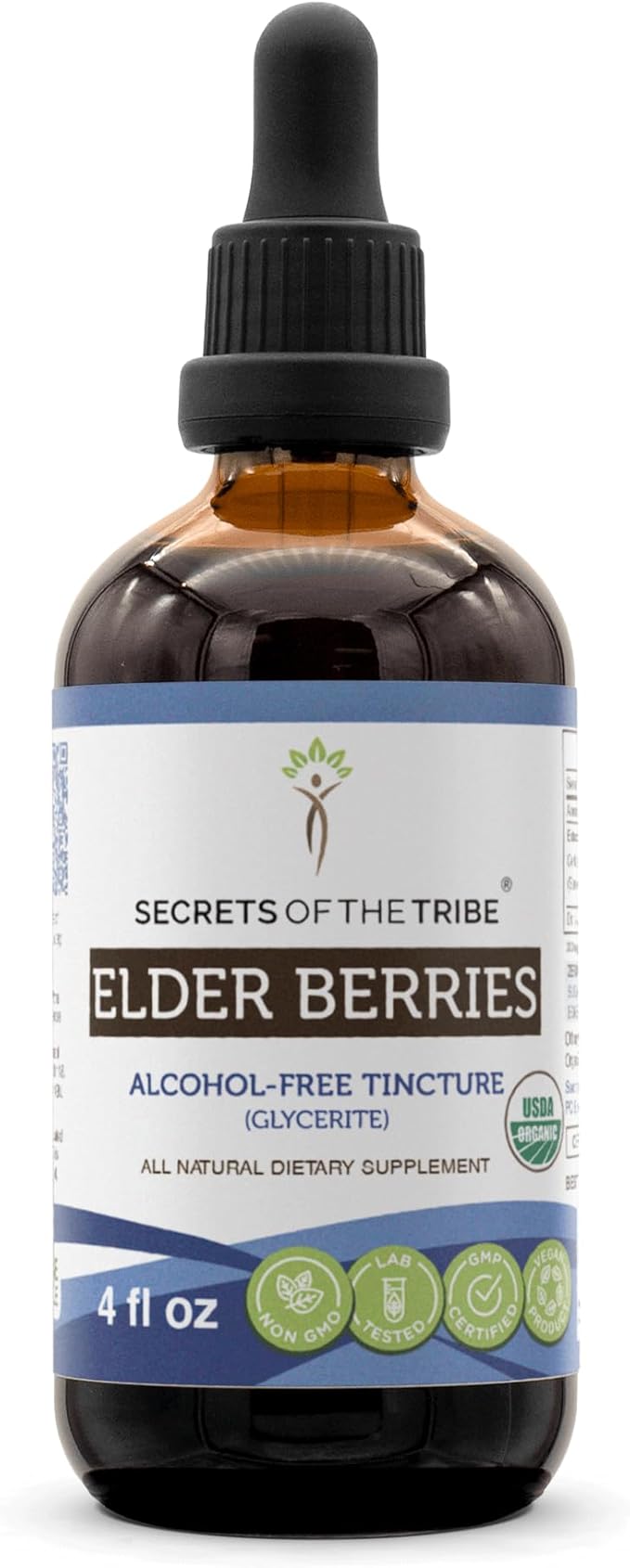 Secrets of the Tribe Elder Berries USDA Organic | Alcohol-Free Extract, High-Potency Herbal Drops | Made from 100% Certified Organic Elder Berries (Sambucus Nigra) Dried Berry (4 oz)