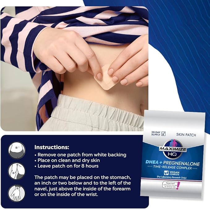 MAXIMIZE HQ DHEA + Pregnenolone Patches - for Vitality and Overall Well-Being Support - 8 Hour Time-Release - Gluten Free - Vegan