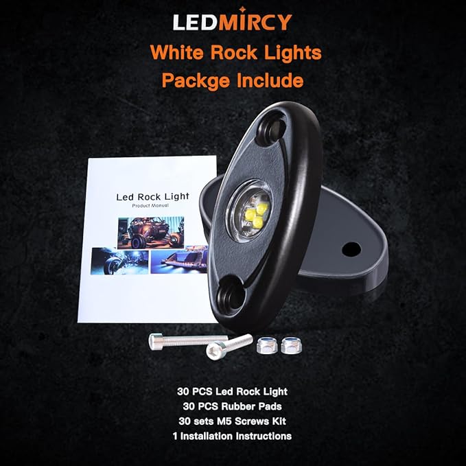 LEDMIRCY Pure White Rock Lights 30PCS 6000K Super Bright Rock Light White for Off Road Trucks ATV UTV SUV Boat Car Underglow TRAI Rig Light Underbody Neon Lights High Power Waterproof Shockproof
