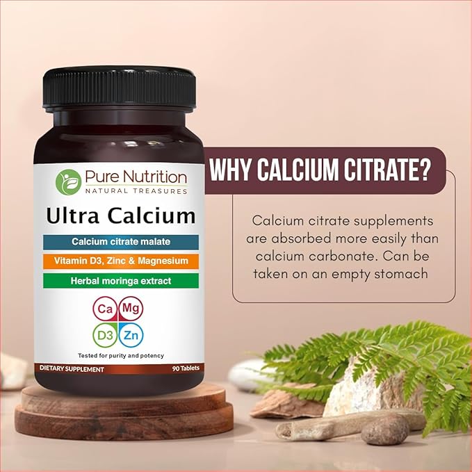 Pure Nutrition Ultra Calcium 1000mg with VIT D3 + K2 | 270 Tabs (90 X Pack of 3) | Highly absorbable Calcium Supplement with Calcium Citrate Malate, VIT D3, K2, Moringa Oleifera, Magnesium and Zinc.