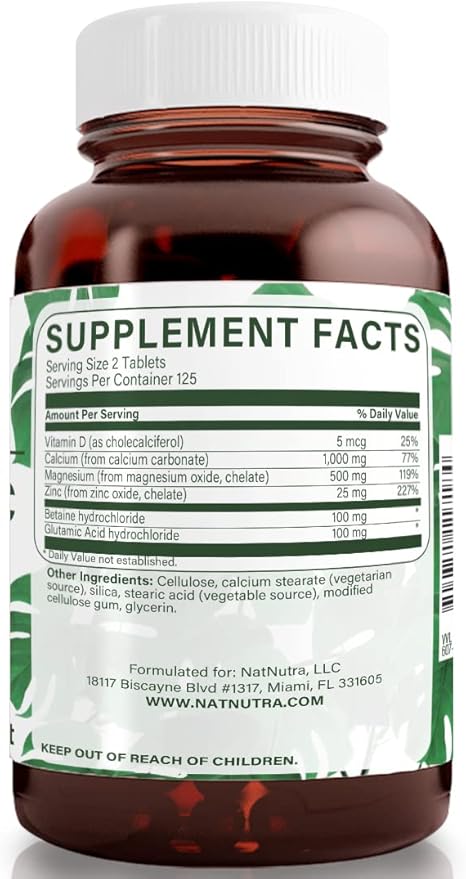 Natural Nutra Calcium Magnesium Zinc Supplement with Vitamin D3 for Bone Strength, Helps Improve Digestion, Gluten Free and Sugar-Free, Essential Mineral Complex, 1000/500/25 mg (250 Count)