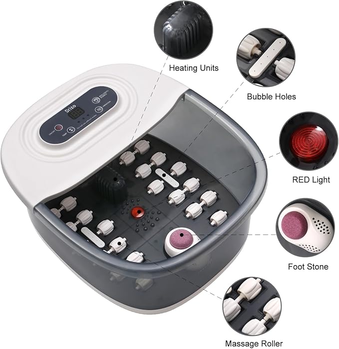 drizo Foot Spa Bath Massager with Heat, Vibration, Temp Control, Bubbles, Epsom Salt and Red Light,Foot Soaker with 22 Massage Rollers, Bath Massager for Relax,Gray