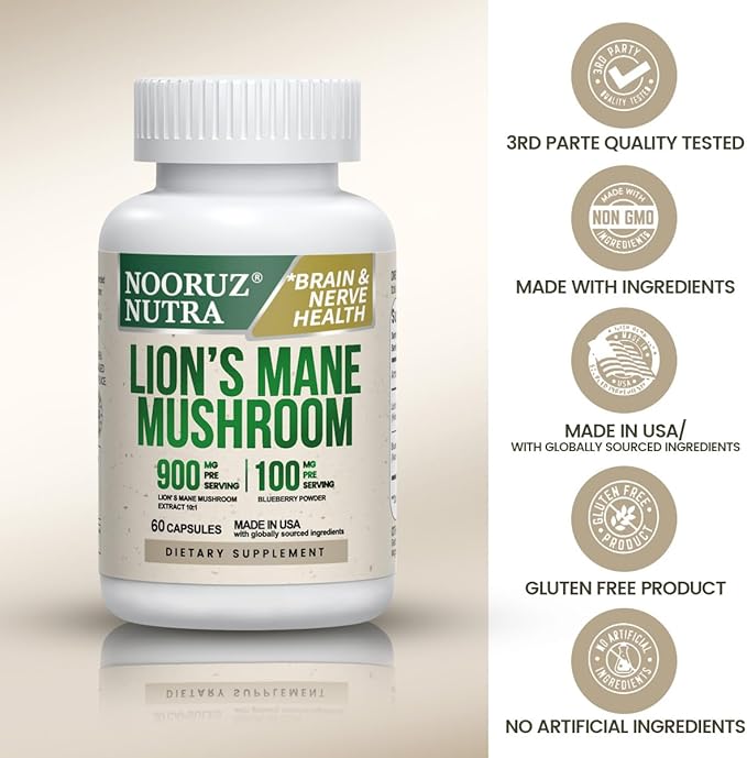 Organic Lion’s Mane Capsule: 10:1 Concentration Equals 10,000mg Mushroom, Enhanced with Blueberry for Vitality, Mental Clarity, and Concentration – 60 Plant-Based Capsules (No Tablets/Powder)