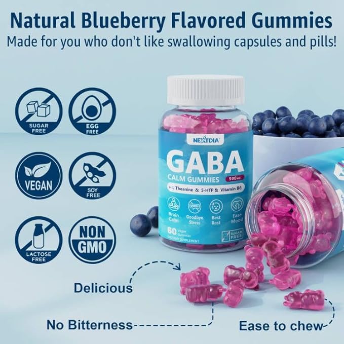 GABA Gummies 500 mg - Sugar-Free Calm Gummies with L Theanine, 5-HTP, Vitamins D3, B12, Ashwagandha, Melatonin-Free for Brain Calm, Mood, Zzz Better, GABA Supplement for Adult, Blueberry Flavor, Vegan