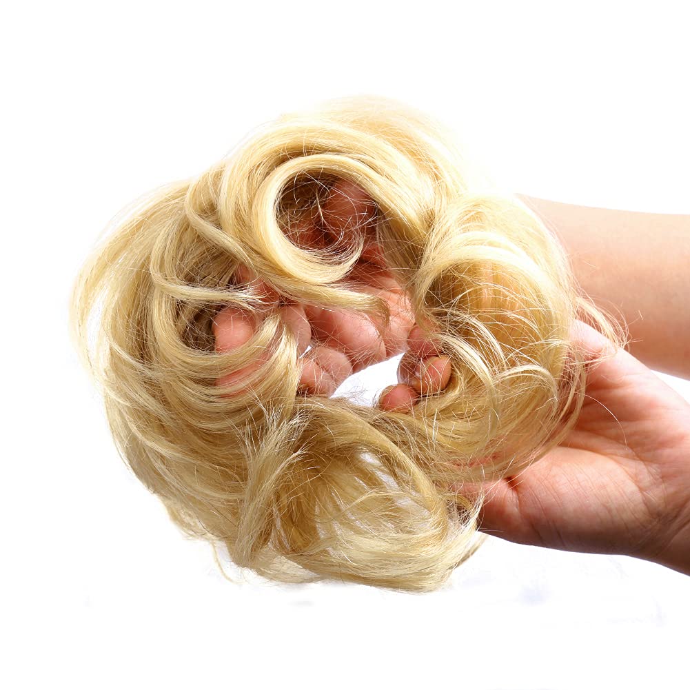 Bella Hair 100% Human Hair Bun Extension, Messy Bun Hair Scrunchies for Women Wavy Curly Up-Do Hairpieces (#60 Platinum Blonde/L