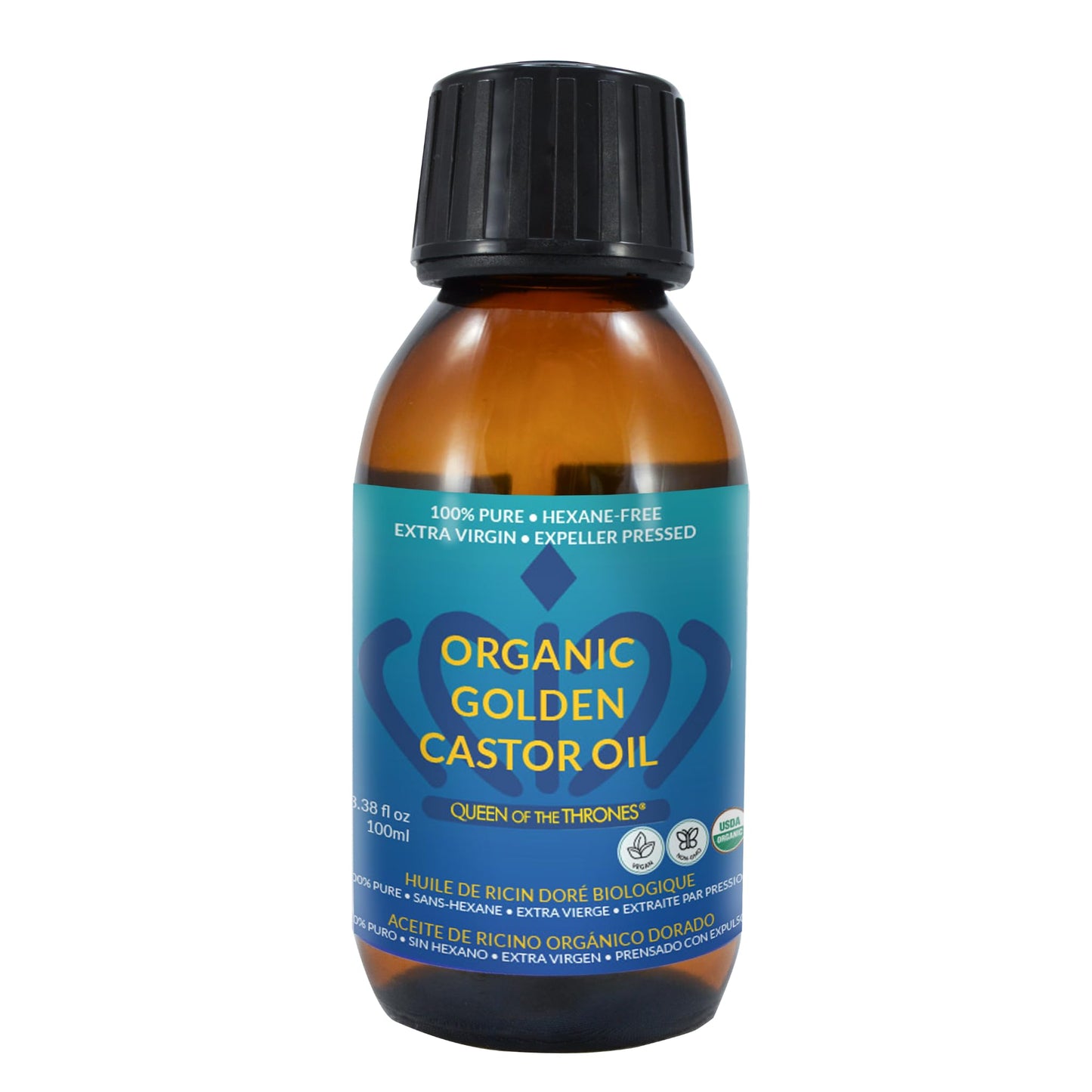 Queen Of The Thrones Organic Golden Castor Oil 3.38 Oz (100 Ml) | 100% Pure, Certified Organic, Hexane-Free, Extra Virgin | Mois