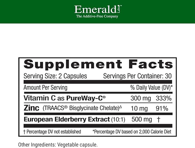 EMERALD LABS Elderberry Plus - Digestive & Immune Support with European Elderberry Extract, Vitamin C as PureWay-C & Albion Chelated Zinc - Vegan & Gluten-Free - 60 Vegetable Capsules (30-Day Supply)