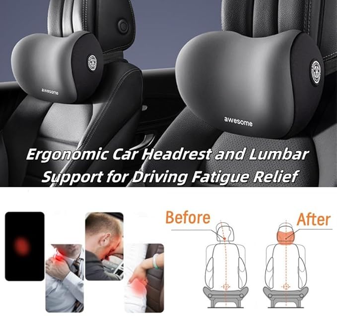 Car Headrest & Lumbar Support Cushion Kit, Ergonomic Car Seat Neck Pillow and Backseat Cushion for Driving Fatigue Relief, Driving Seat Memory Foam Neck Back Rest Pillows (Blue)