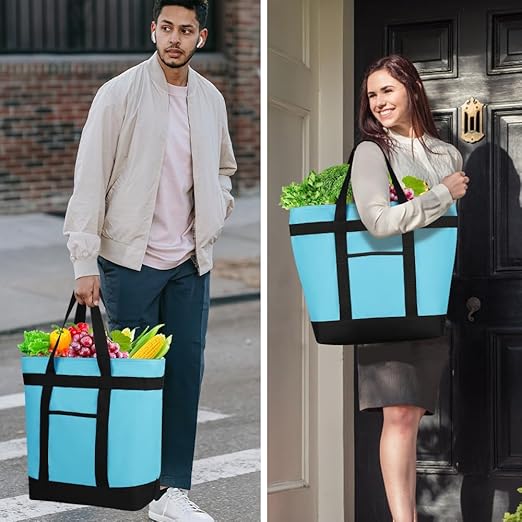 CIVJET 2PK Insulated Grocery Tote Bags, Large Reusable Cooler Bags with Zipper, Leakproof Thermal Shopping Bags for Food Delivery, Beach, Travel, for Uber Eats & Picnic, Collapsible, Blue