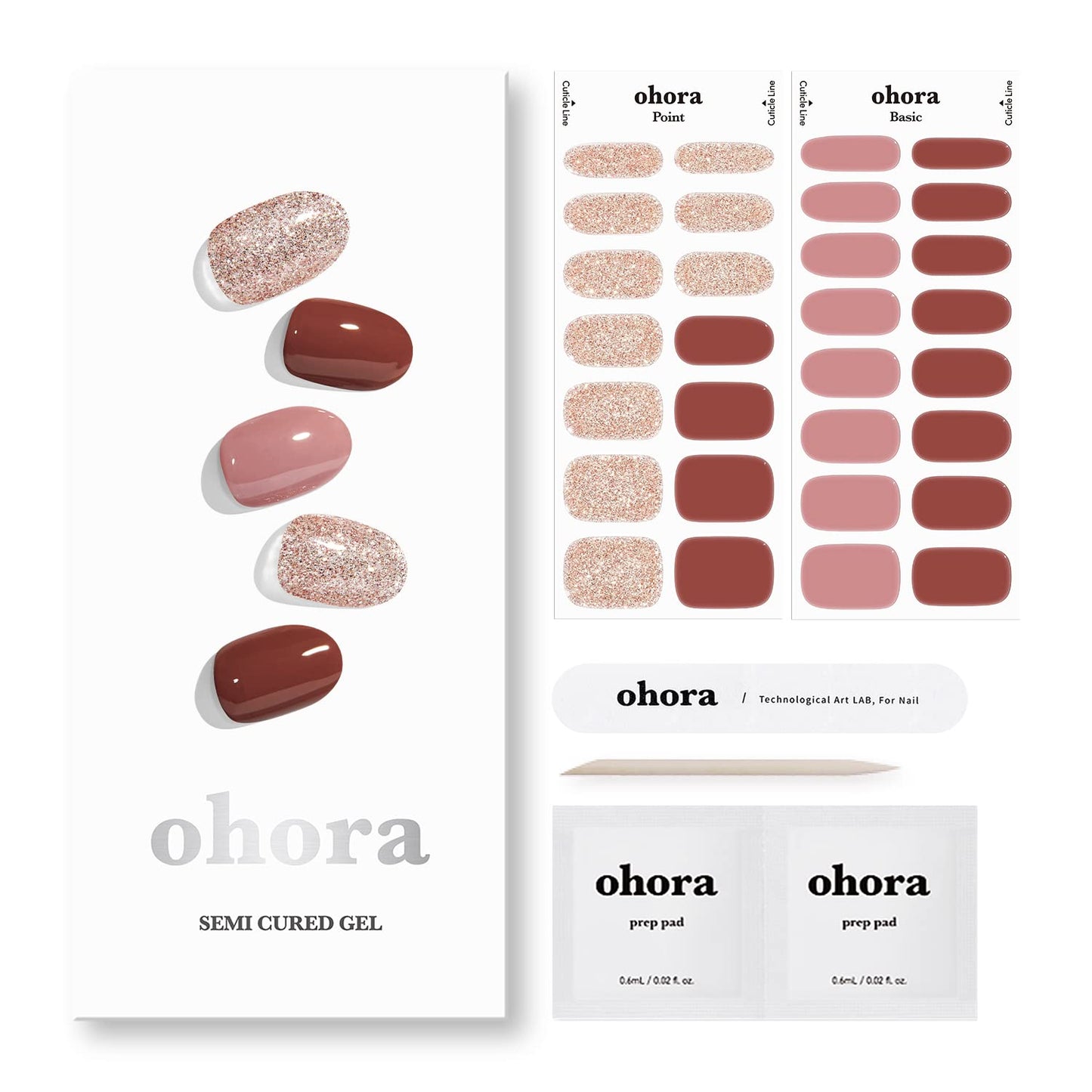 Ohora Semi Cured Gel Nail Strips (N Heimish) - Brown, Glitter, Works With Any Uv/Led Nail Lamps, Salon-Quality, Long Lasting, Ea