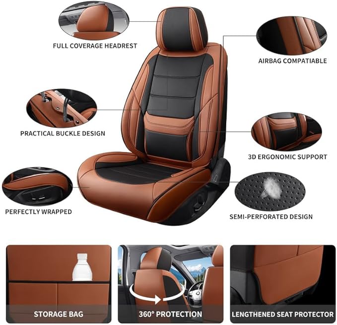 Car Seat Covers Full Set Custom Fit for Ford Edge 2007-2025 2026-Luxury Leather with Lumbar Support, Breathable, Waterproof, Anti-Slip, Durable, Easy to Install (BlackBrown,Full Set)