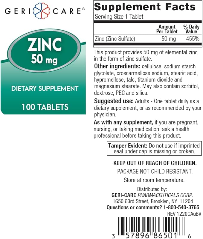 GeriCare Gericare Zinc Sulfate 50mg Dietary Supplement, 100 Count