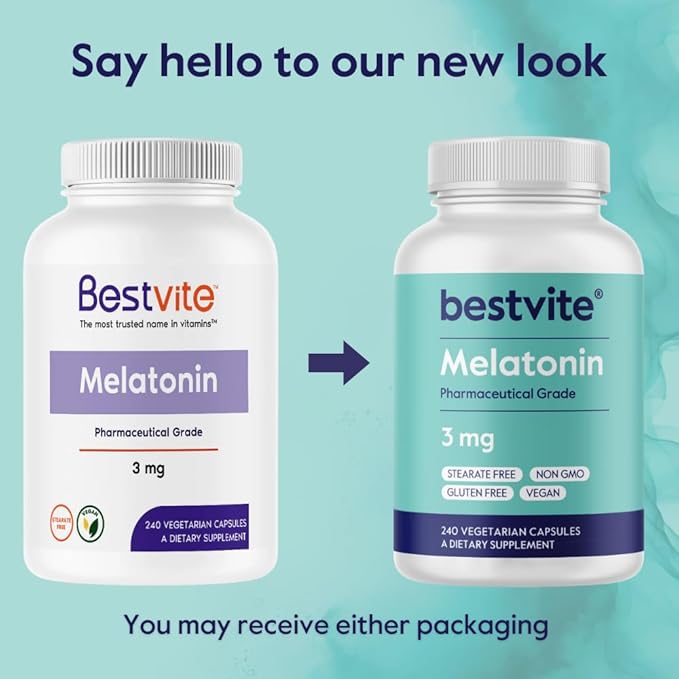 BESTVITE Melatonin 3mg (480 Vegetarian Capsules) (240 x 2) (Value Pack) - No Crospovidone - No Dextrose - No Dicalcium Phosphate - No Stearates - Vegan - Non GMO - Gluten Free