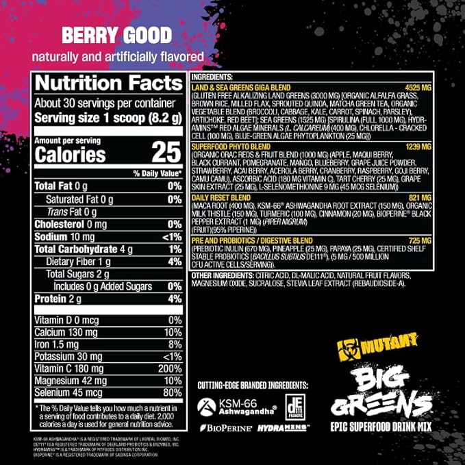 Mutant Big Greens | Green Supplement | Over 40 superfoods Land & Sea Greens – Reds, Antioxidants, phytonutrients, 1000mg spirulina – Pre & Probiotic Blend | 30 Serving – Berry Good