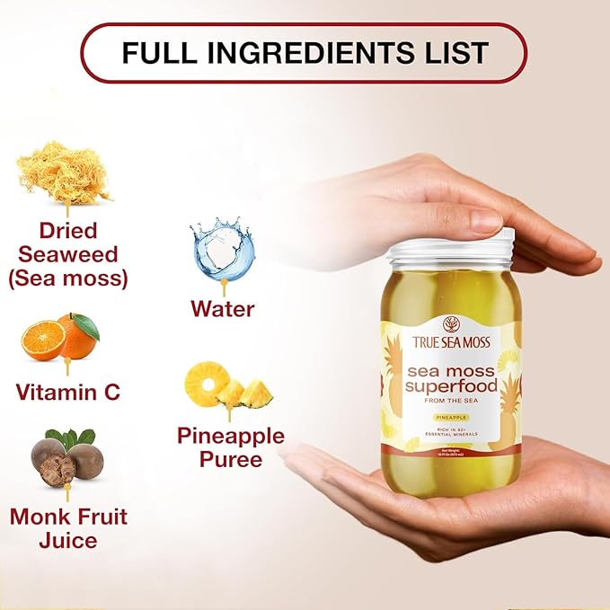 TrueSeaMoss Sea Moss Gel – Made in USA – Wildcrafted Seamoss, Fresh Fruits & Sea Vegetables – Pineapple, Pack of 3 (Labels may Vary)