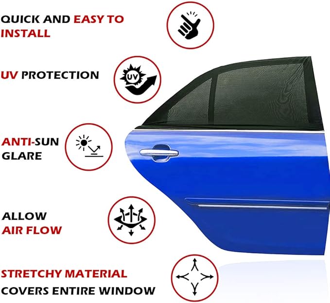 Car Window Shades, 2 Pack Breathable Mesh Side Sun Stretch Screens for Baby/Camping Heat Block UV Protection, Back Covers Car, Truck, SUV, Van-(Large 49"x22")