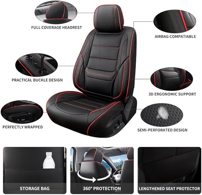 Car Seat Covers Custom Fit for Chevrolet/Chevy Bolt 2016-2026 , Premium Faux Leather Waterproof Car Seat Protectors with Lumbar Support, Breathable Anti-Slip Easy to install(Black&Red,Full set)