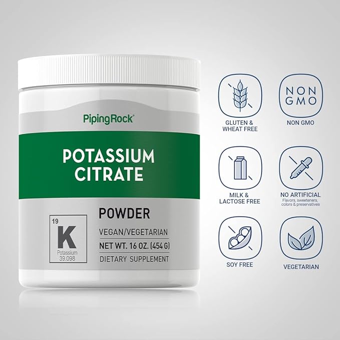 Piping Rock Potassium Citrate Powder Supplement | 1 lb | Unflavored | Vegetarian, Vegan, Non-GMO, Gluten Free