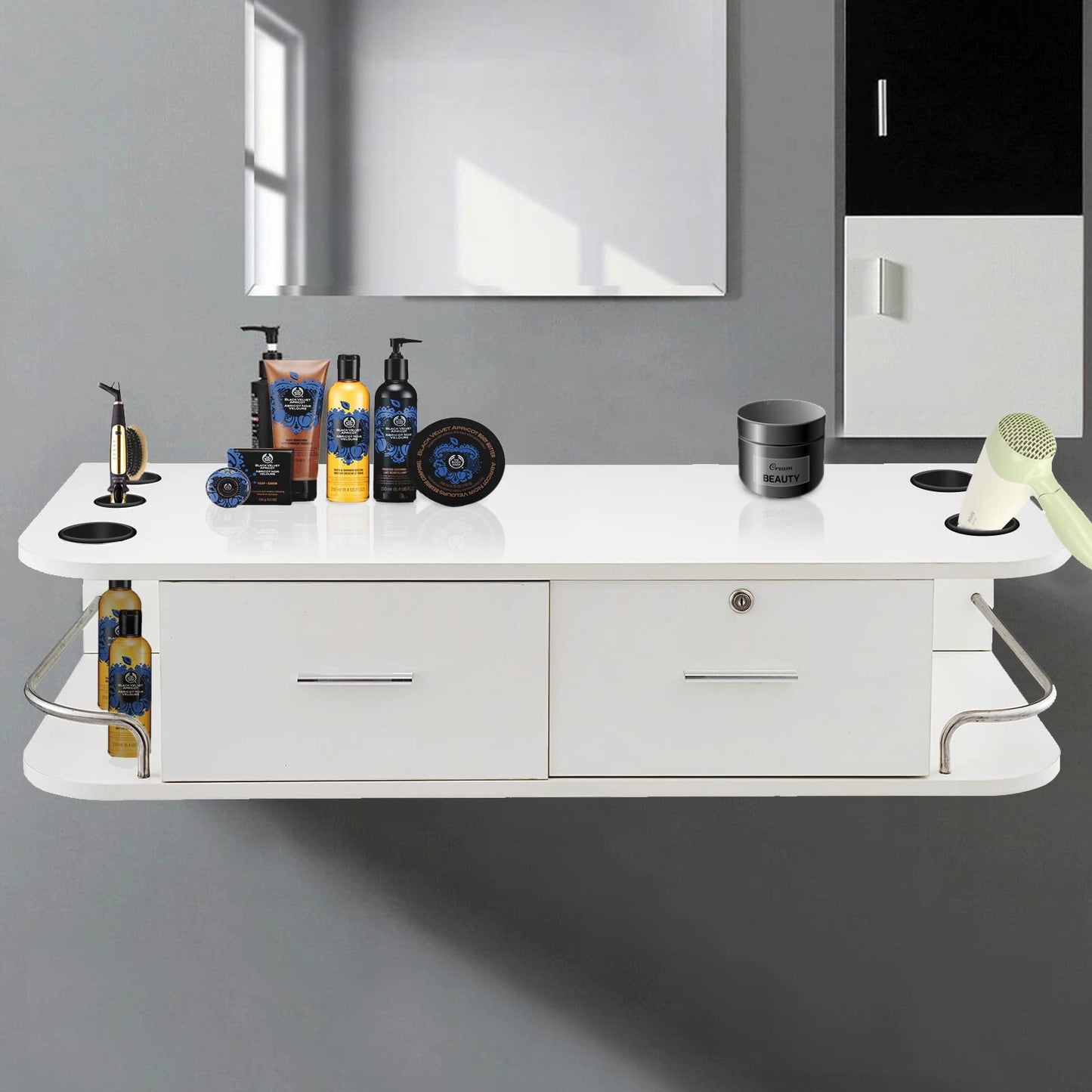 Vevor White Wall Mount Styling Station Classic Locking 2 Drawers Storage Beauty Salon Equipment 5 Hair Dryer Holes Locking Cabin