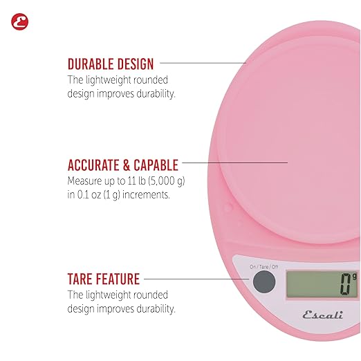 Escali Primo Digital Food Scale Multi-Functional Kitchen Scale and Baking Scale for Precise Weight Measuring and Portion Control, 8.5 x 6 x 1.5 inches, Soft Pink