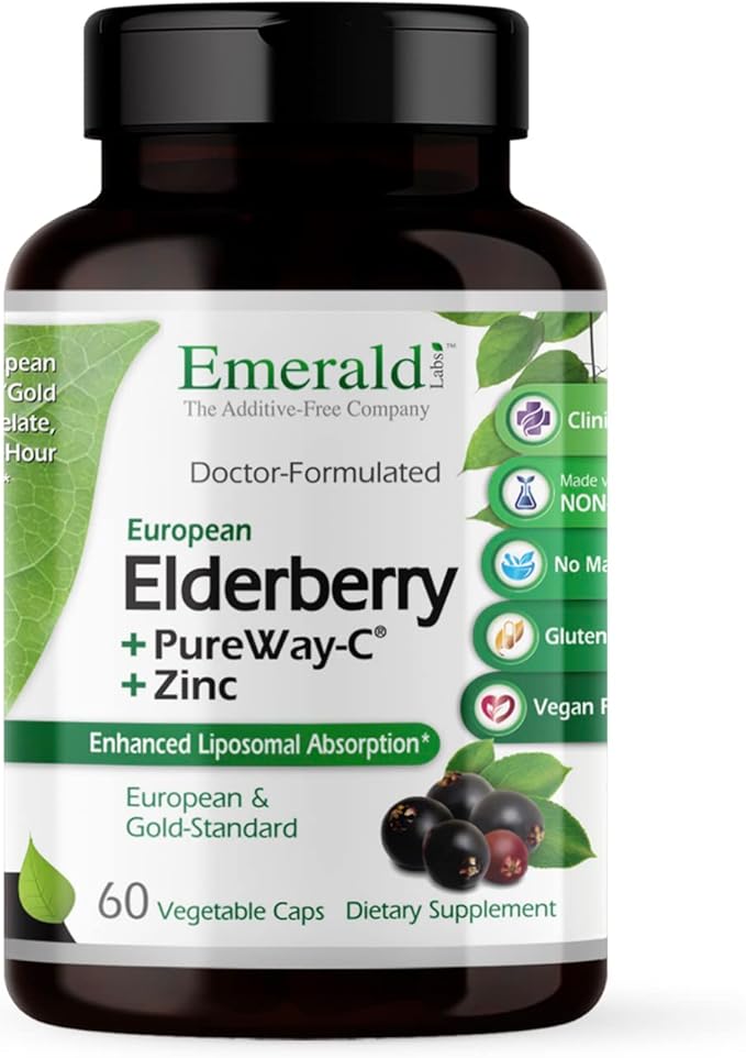EMERALD LABS Elderberry Plus - Digestive & Immune Support with European Elderberry Extract, Vitamin C as PureWay-C & Albion Chelated Zinc - Vegan & Gluten-Free - 60 Vegetable Capsules (30-Day Supply)