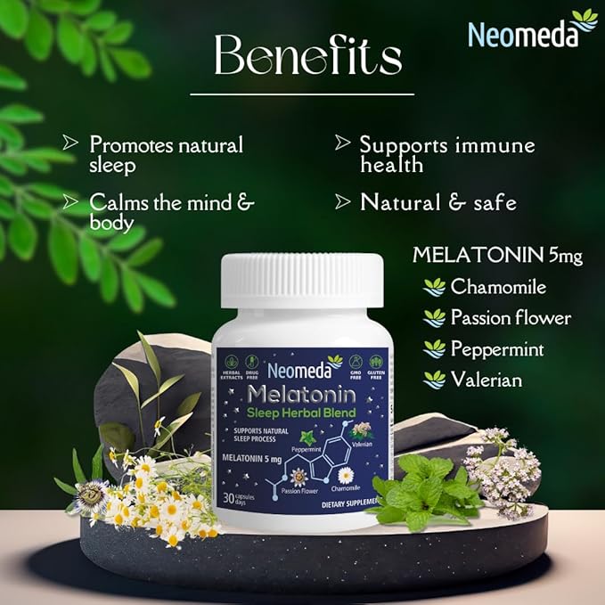 Melatonin Sleep Herbal Blend - Natural Support for Restful Nights with 5mg Melatonin & Calming Herbs - Drug-Free Dietary Supplement, 30 Capsules, 30-Day Supply