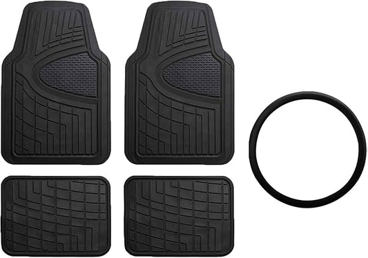 FH GROUP Car Seat Covers Premium Tall Channel Rubber Trimmable Floor Mats w. FH3001 Snake Pattern Silicone Steering Wheel Cover- Universal Fit for Trucks, SUVs, and Vans (Solid Black) F11311