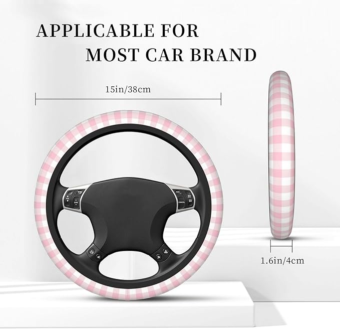 Thickened Elastic Steering Wheel Cover, Girly Pastel Pink Gingham Plaid Ultra, Soft, Breathable, Fit for Cars, SUVs, Trucks, Stylish Comfortable Grip