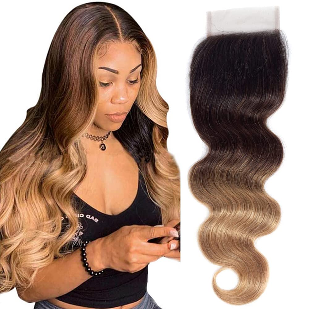 Qthair 14A Ombre Body Wave Human Hair Closure (T1B/4/27 Color,18Inch)Brazilian Virgin Human Hair Ombre 3 Tone Body Wave Human Ha