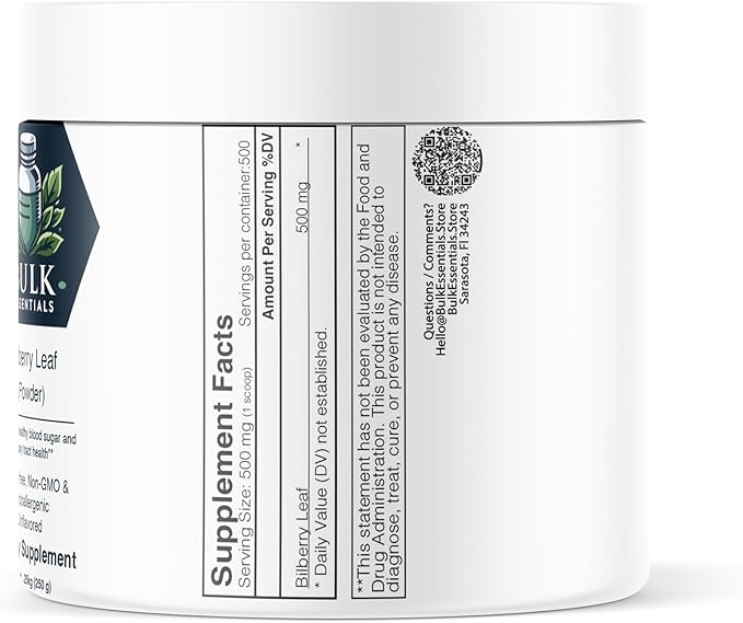Bilberry Supplement Powder – Unflavored 250g Bilberry Extract Leaf for Healthy Sugar Level & Urinary Tract Health – USA Made, Free from GMO & Gluten – 500mg Per Serving