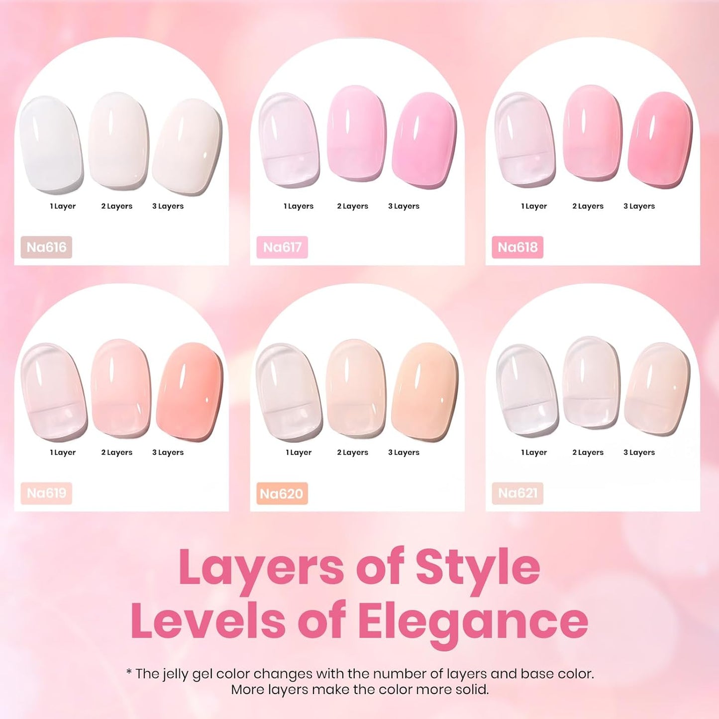 Beetles Nude Pink Gel Nail Polish Set, 6 Colors Hema Free Light Pink Jelly Gel Polish Translucent 15ML Full Size Nail Concealer High Gloss Soak Off UV Salon Spring Colorful Bottle Gel Gift for Women