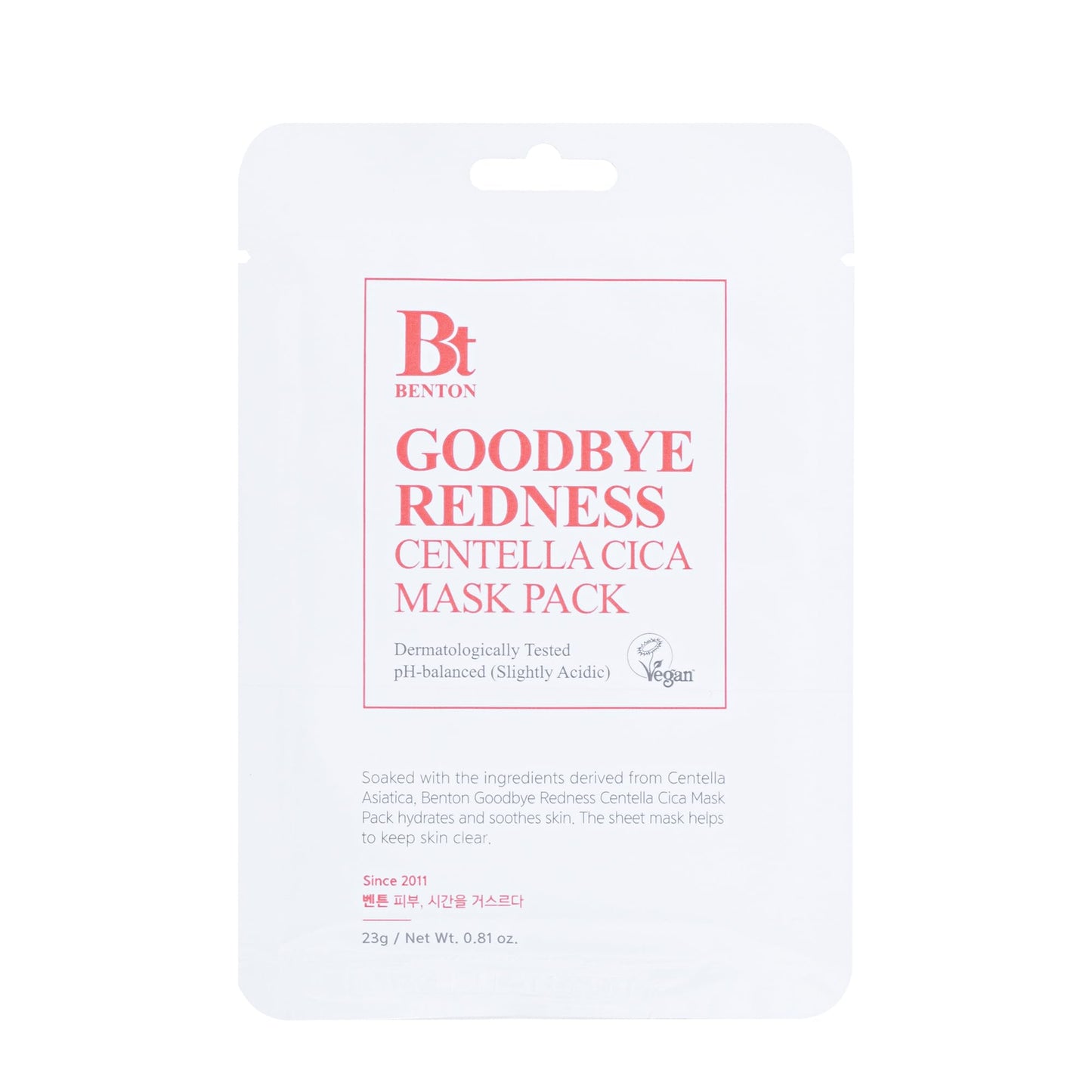 Benton Good Bye Redness Centella Mask Pack(10 Sheets) - Korean Skin Care Face Mask With Centella Ampoule & Hyaluronic Acid Serum