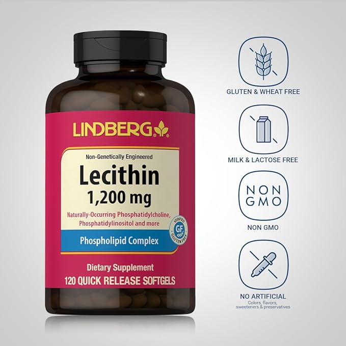 Lindberg Lecithin 1200mg Supplement | for Men & Women | 120 Softgel Capsules | Phospholipid Complex | Non-GMO, Gluten Free