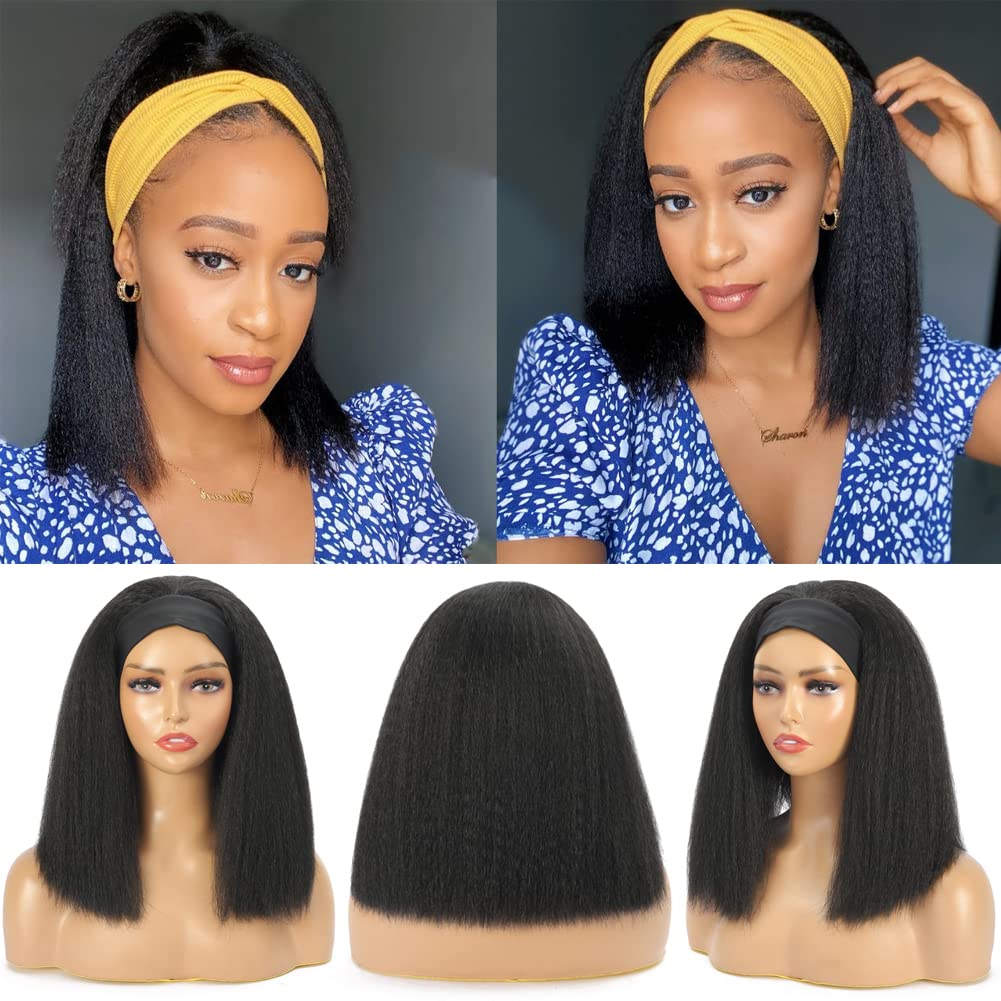 Szphoxer Headband Wigs For Black Women Kinky Straight Hair Synthetic Headband Wig Short Yaki Straight Wigs 14 Inch Machine Made