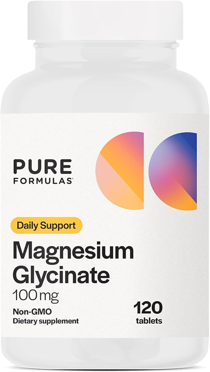 PureFormulas Magnesium Glycinate 100 mg Daily Support for Stress, Nerves, Sleep, Muscles, Metabolism Pure Magnesium Glycinate Supplement for Women and Men Magnesio Non-GMO 120 Tablets