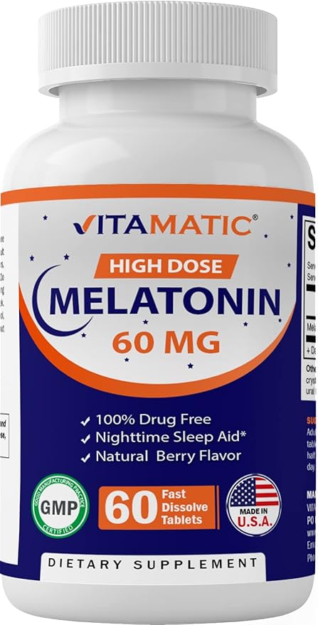 Vitamatic Melatonin 60 mg Fast Dissolve Tablets - 60 Vegan Natural Berry Flavor Tablets - Non-Habit Forming - Non-GMO, Gluten Free (3 Bottles)