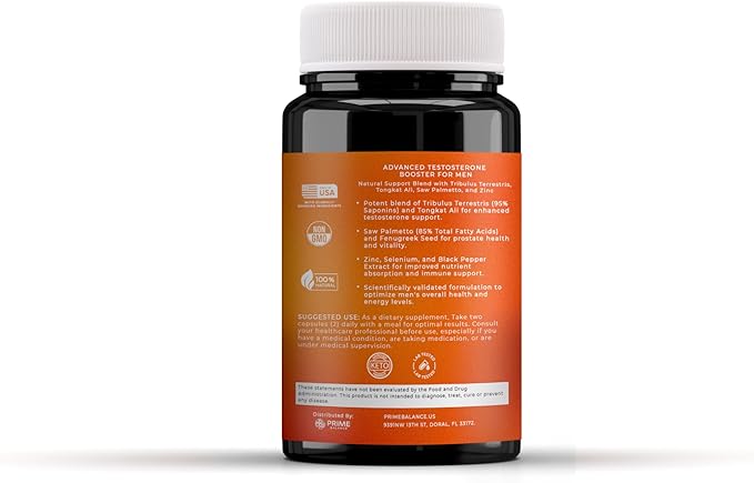 PRIME BALANCE Men’s Health Advanced Testosterone Support Supplement with Tribulus Terrestris, Zinc, Black Pepper, and Selenium – 90 Capsules – 45 Days Supply