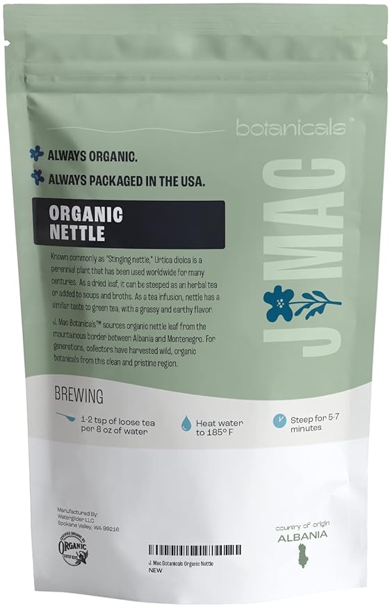 J MAC BOTANICALS Organic Nettle Leaf Herbal Tea (4 oz, 50+ Cups) Certified USDA Organic, Dried stinging nettle tea, 1 Pound Bulk Bag, Urtica dioica