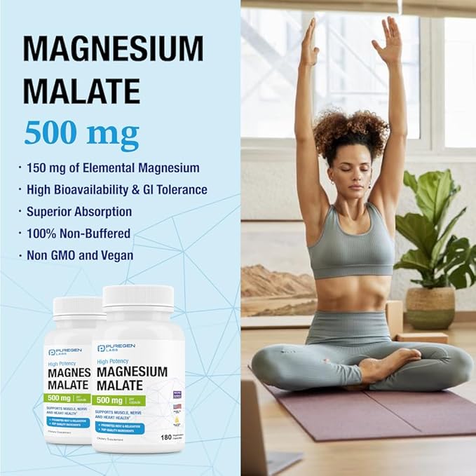 Puregen Labs Magnesium Malate 500mg | High Potency Elemental Magnesium | Total 360 Veggie Caps, Superior Absorption, Non-GMO, NO Gluten and Dairy, Supports Muscle, Joint, and Heart Health