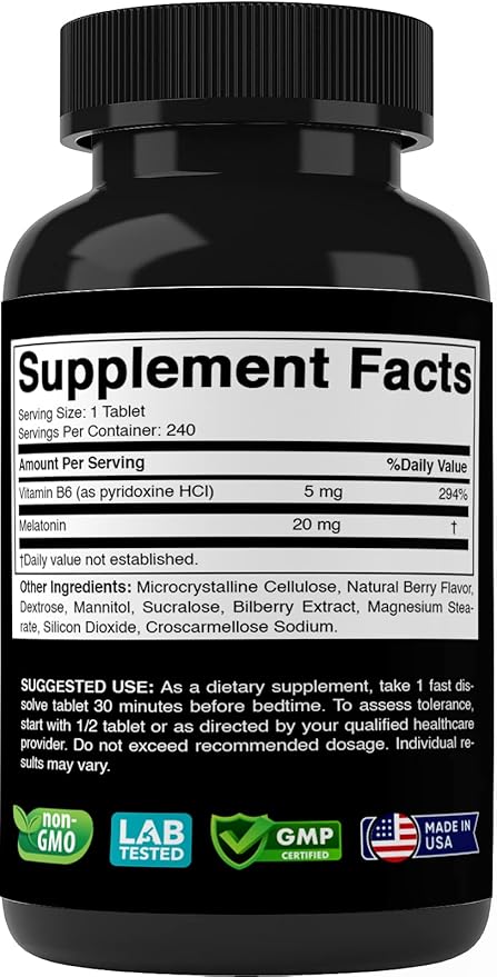 Melatonin 20 mg - 240 Fast Dissolve Tablets - Drug Free - Natural Berry Flavor - Vegetarian, Non-GMO, Gluten Free 240 Count (Pack of 3)