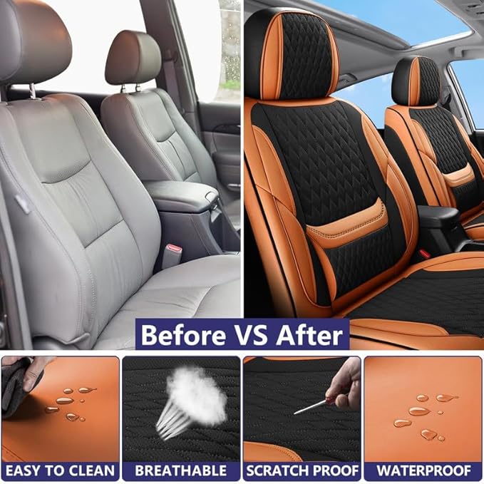Car Seat Covers Full Set Custom Fit for Saturn Aura 2006-2009 - Premium Faux Leather with Lumbar Support | Breathable, Waterproof, Anti-Slip, Durable (Black&Brown,Full Set)