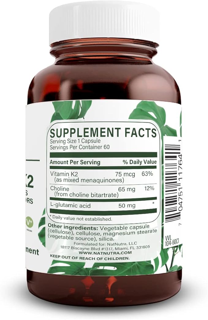 Natural Nutra Full Spectrum Vitamin K2 Supplement, Support Cardiovascular Health, Liver Function, Metabolic Health, Heart Health, Help Promotes Bone & Dental Health, 75 mcg, 60 Capsules (Pack of 2)