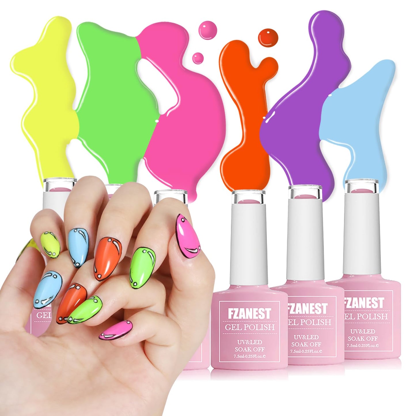 Fzanest Gel Nail Polish Set 6Pcs Neon Yellow Green Hot Pink Blue Purple Gel Polish Kit
