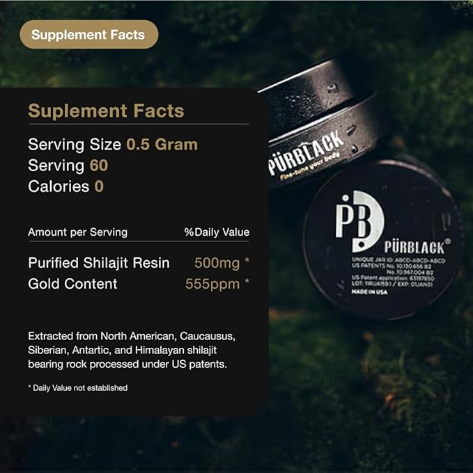 Pürblack® Live Resin True Gold Shilajit - Organic Shilajit Supplement with True Gold Content | Over 80 Minerals, High Bioavailability, Antioxidant Properties | Made in USA (60 Servings)