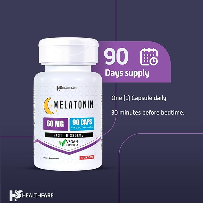 Melatonin 60mg | 90 Veg Capsules | Gluten-Free | Non-GMO | Unflavored | Made in USA